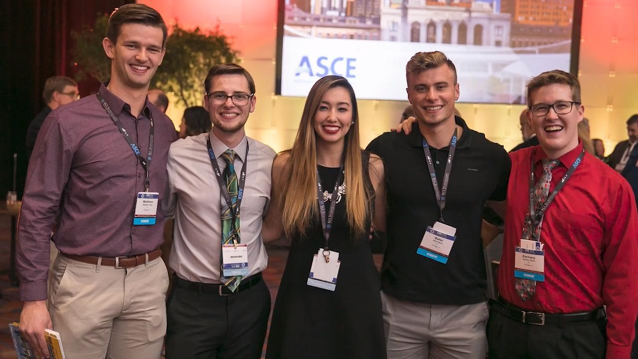 A group of ASCE student members smiling at a conference